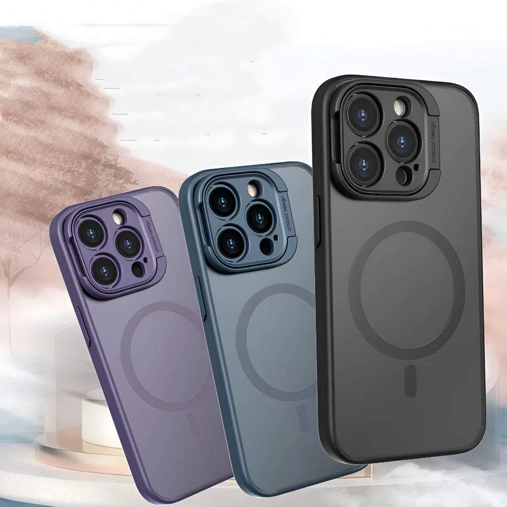 Lens invisible holder phone case with magnetic suction and frosted finish for iPhone 13 Pro Max in black