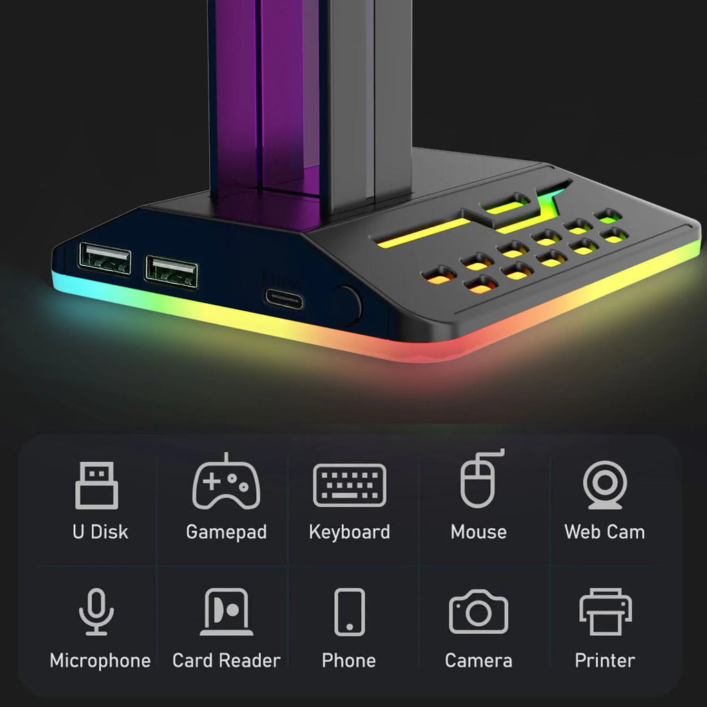 RGB headphone display stand with dual USB ports and acrylic panel in black colour variant