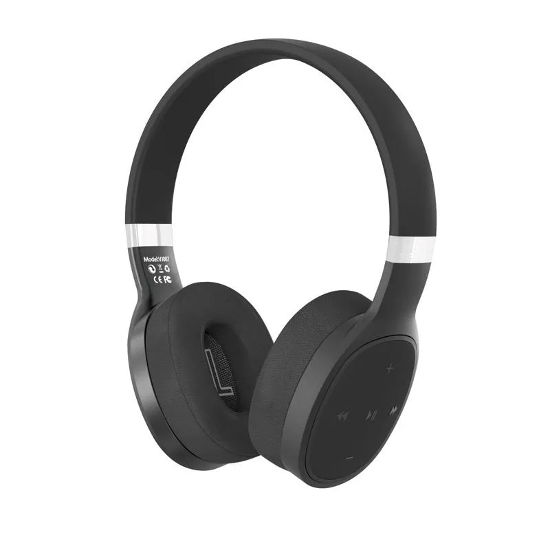 Black foldable wireless Bluetooth sports headphones with over-ear cups showing collapsible hinges.