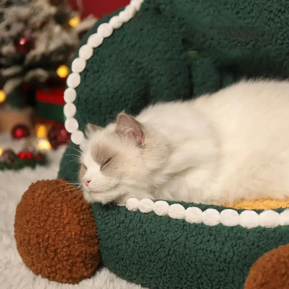 Green Christmas tree cat nest, closed pet bed, warm winter, removable washable cat bed