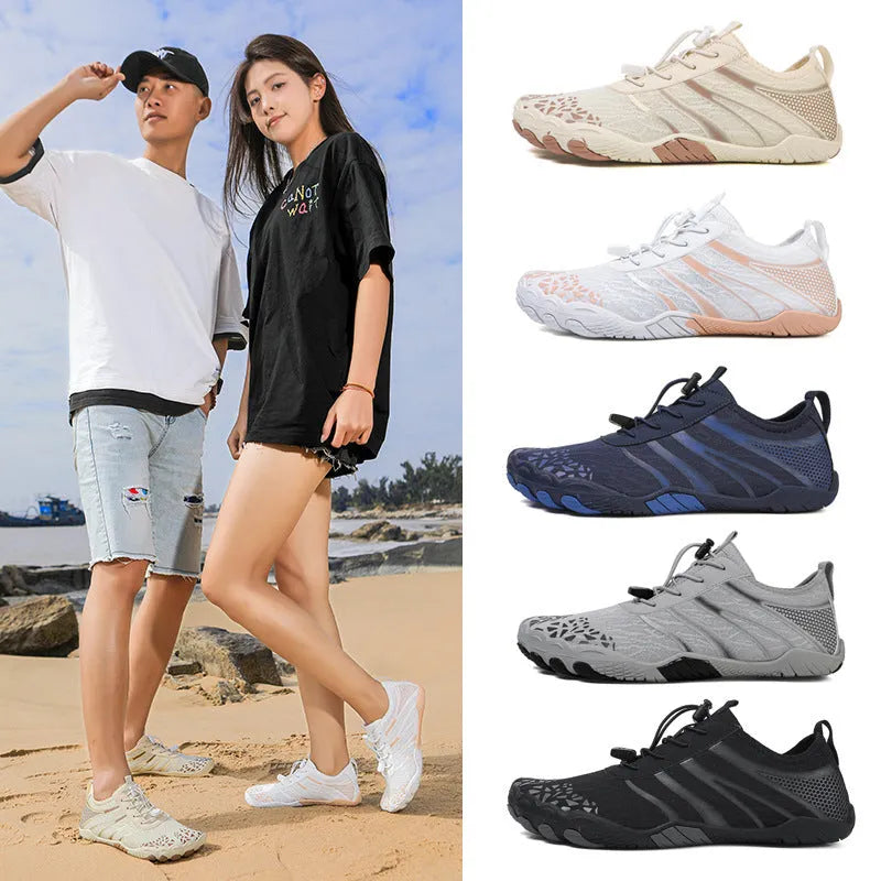 Lycra stretch fabric unisex running shoes for beach and upstream sports in multiple colours.