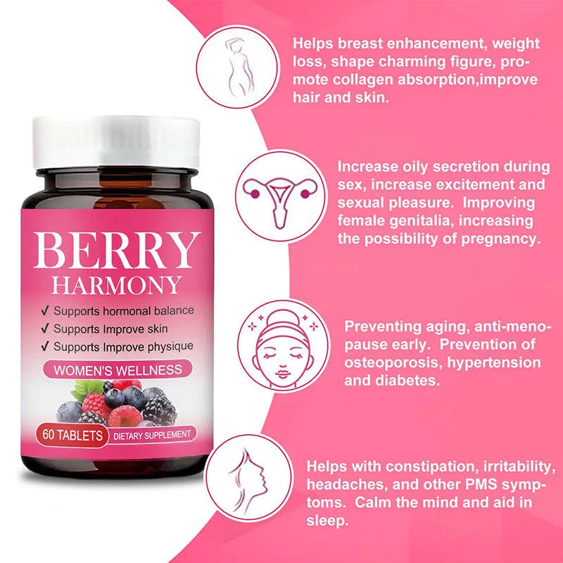 Berry Harmony Tablet bottle with 60 berry-flavoured tablets for hormonal balance, vitamins, calcium, and daily adult support