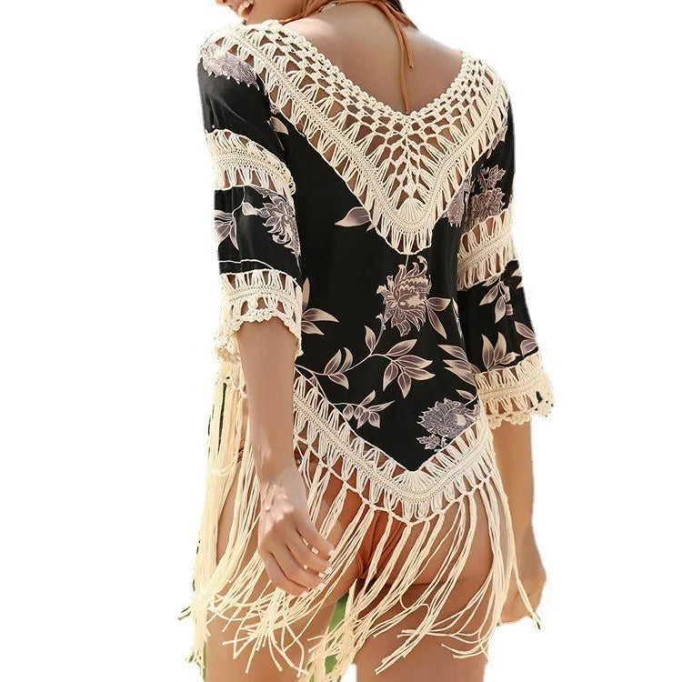 Women's apricot sun protection shirt with V-neck and loose sleeves for beachwear.
