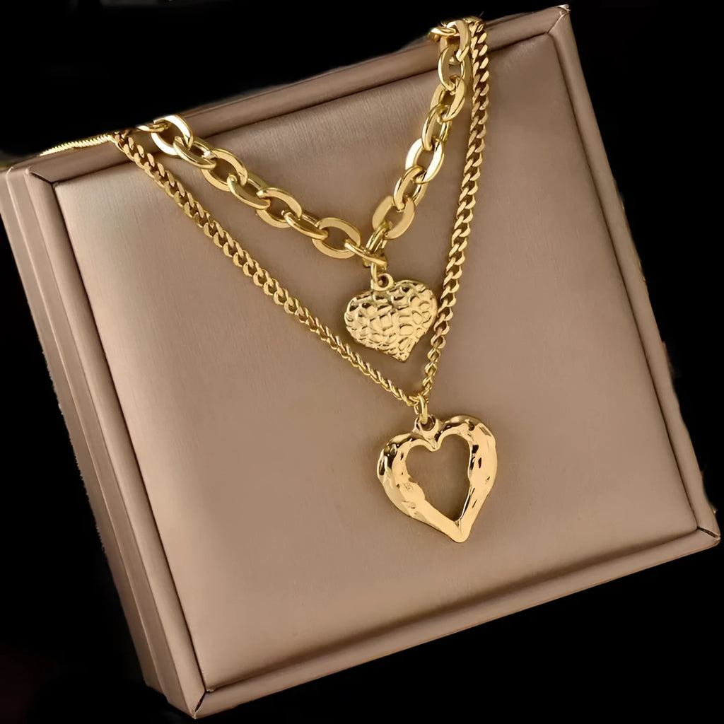 Titanium steel angel wings love necklace set with two heart-shaped pendants on O-shaped chain, silver finish