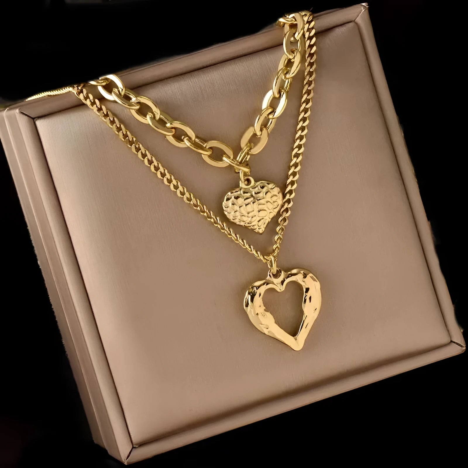 Titanium steel angel wings love necklace set with two heart-shaped pendants on O-shaped chain, silver finish