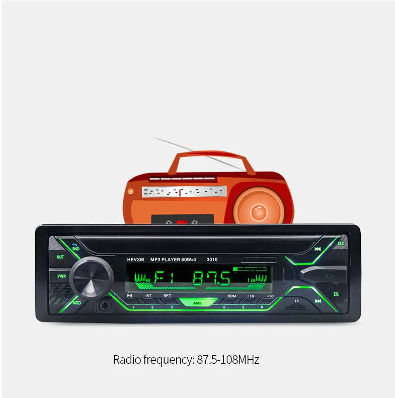 Car stereo MP3 player unit with Bluetooth, LCD display, USB/TF slots, and control buttons