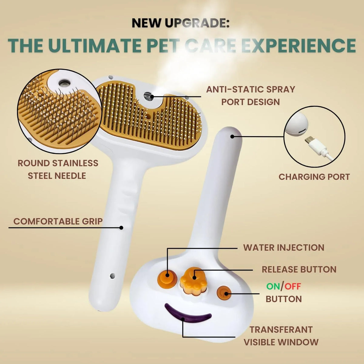 White water mist brush for dogs and cats with steel teeth, built-in water tank, and self-cleaning press for grooming.