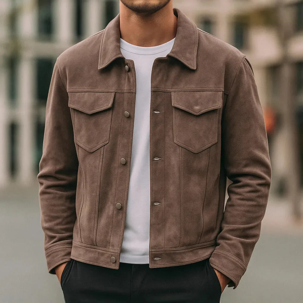 Men's suede winter lapel work jacket with 3D patch pocket, loose fit, brown apricot or grey, sizes S-XXL