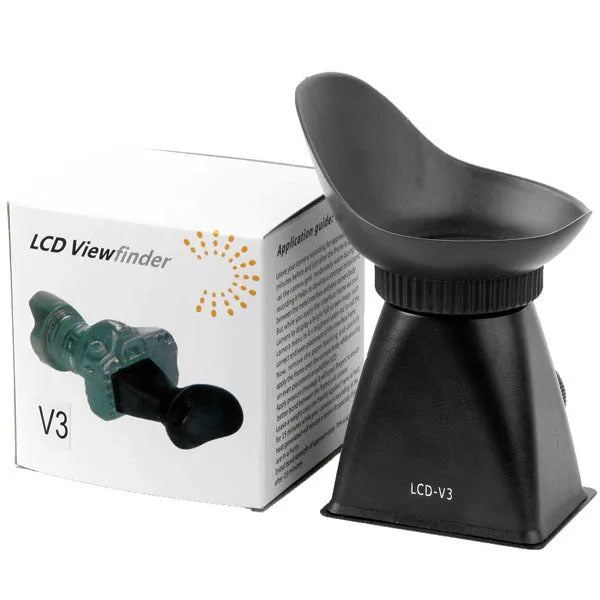 Black camera LCD viewfinder amplifier with optical lens, shown attached to a DSLR for outdoor video use.