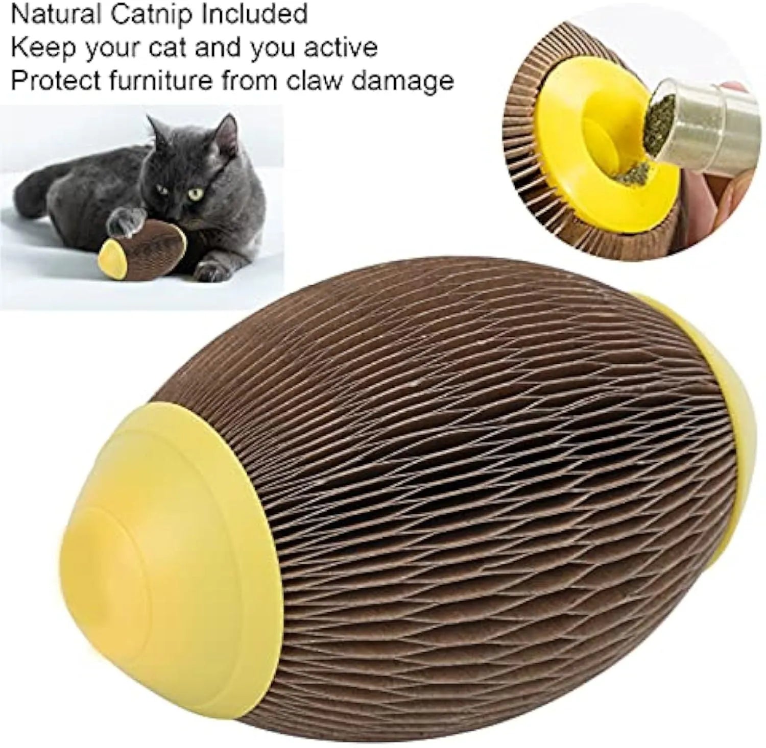 Ellipse-shaped catnip football toy made from brown recycled corrugated paper.