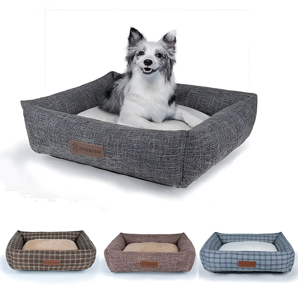 Square linen cloth dog bed for autumn and winter in grey, brown, or plaid colours.