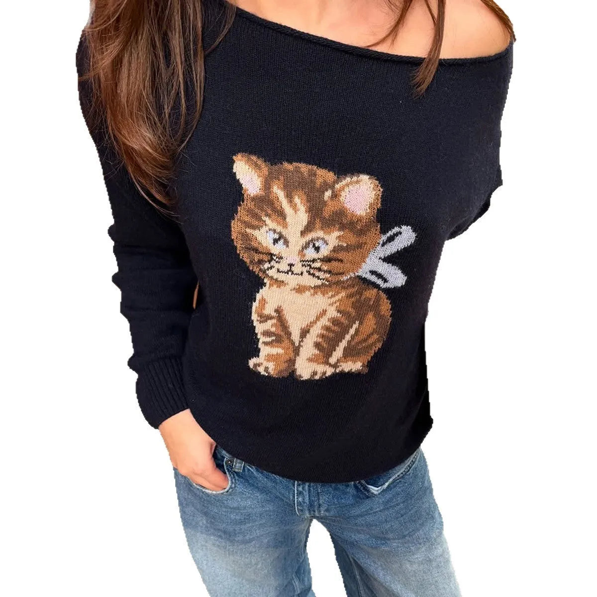 Navy blue loose fit viscose knitted top with regular sleeves on a woman, European American casual style