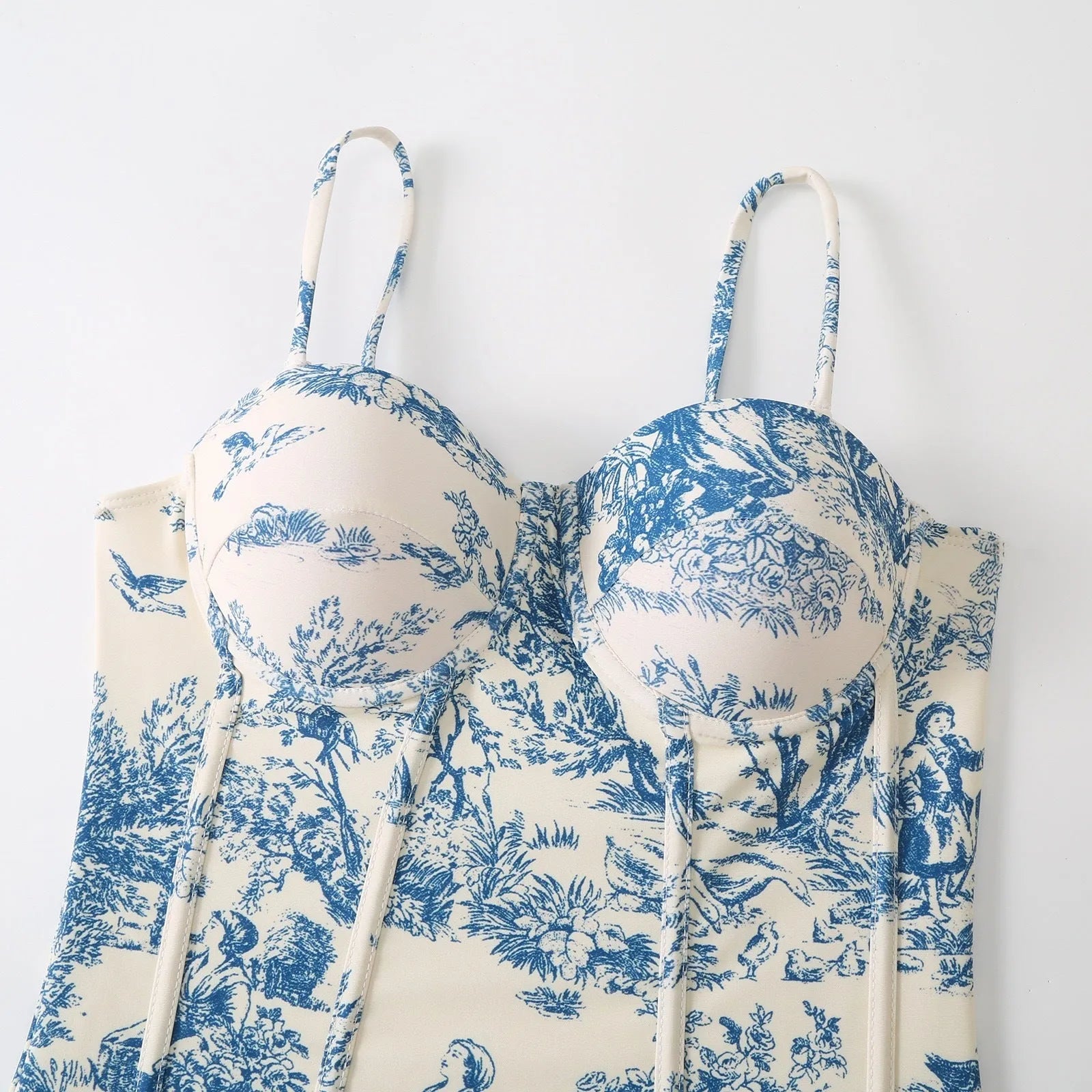 Blue floral pattern women's one-piece swimsuit with separate gauze skirt