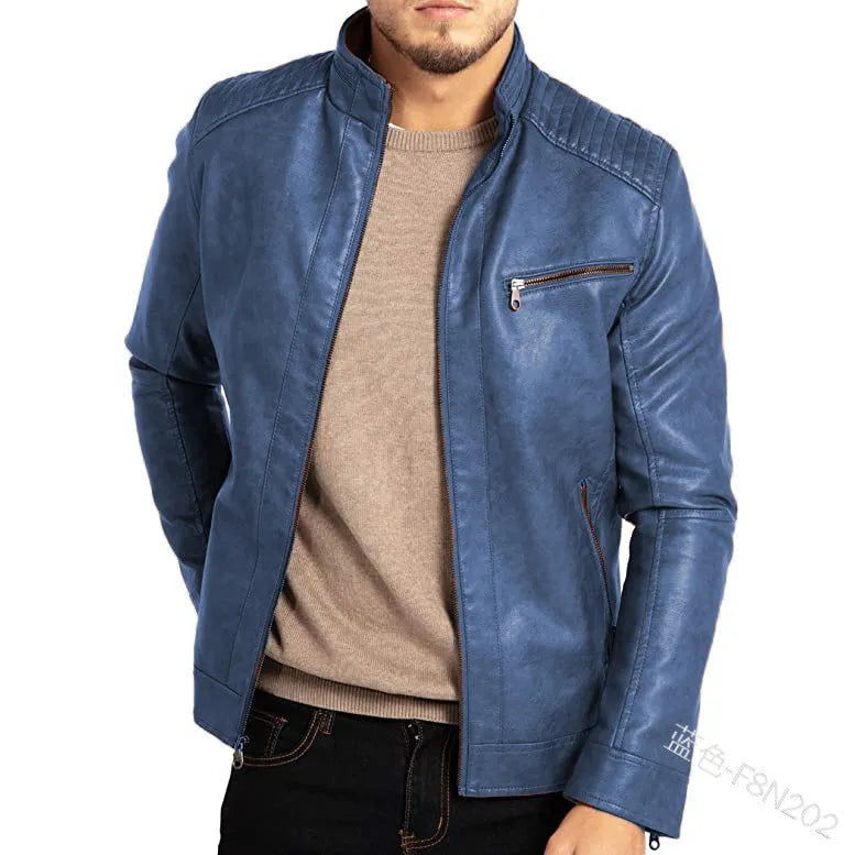 Men's brown artificial leather punk motorcycle jacket with stand collar and patch pockets on a hanger