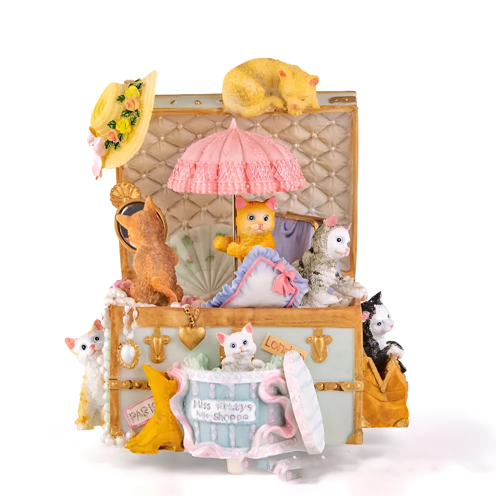 Cold porcelain cat jewellery box music box with rotating snowflakes and light, 18-note Yunsheng movement, 155 x 120 x 170mm