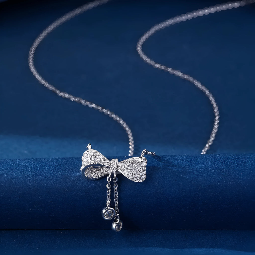 S925 sterling silver bow pendant necklace on O-ring chain, 40-45cm adjustable length