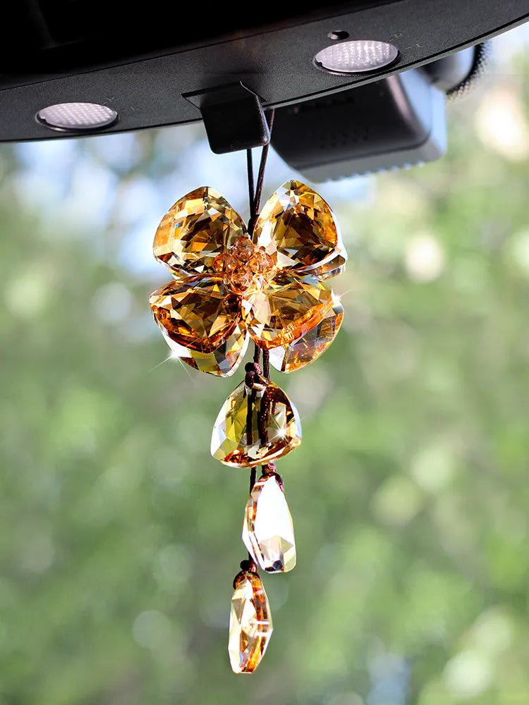 Crystal four leaf grass car pendant in four colour options for dashboard decoration