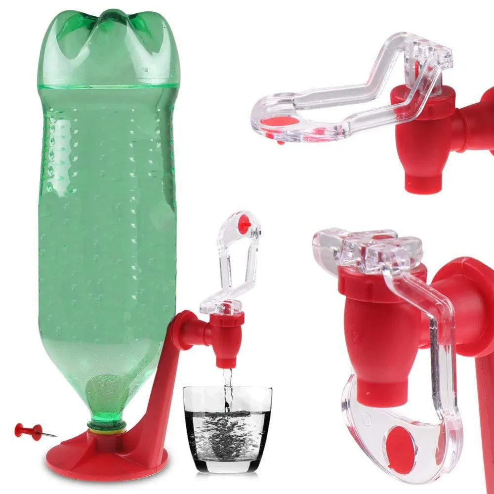 Red plastic Magic Tap soda drink dispenser for 2-litre bottles on a kitchen counter.