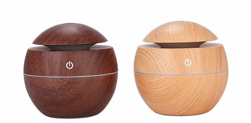 Wood grain USB aroma diffuser 100 x 100 x 95mm with 130ML tank, DC 5V power, and coloured lights