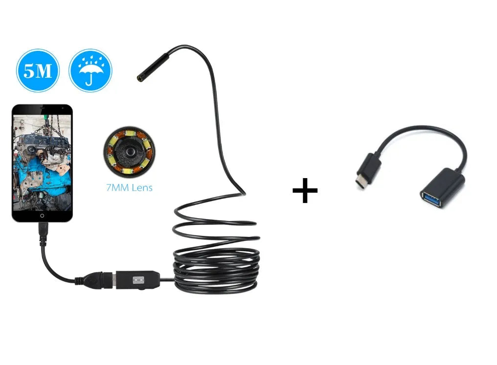 OWSOO USB endoscope camera with 5m cable, 6 LEDs, hook, magnet, and side mirror for phone and computer