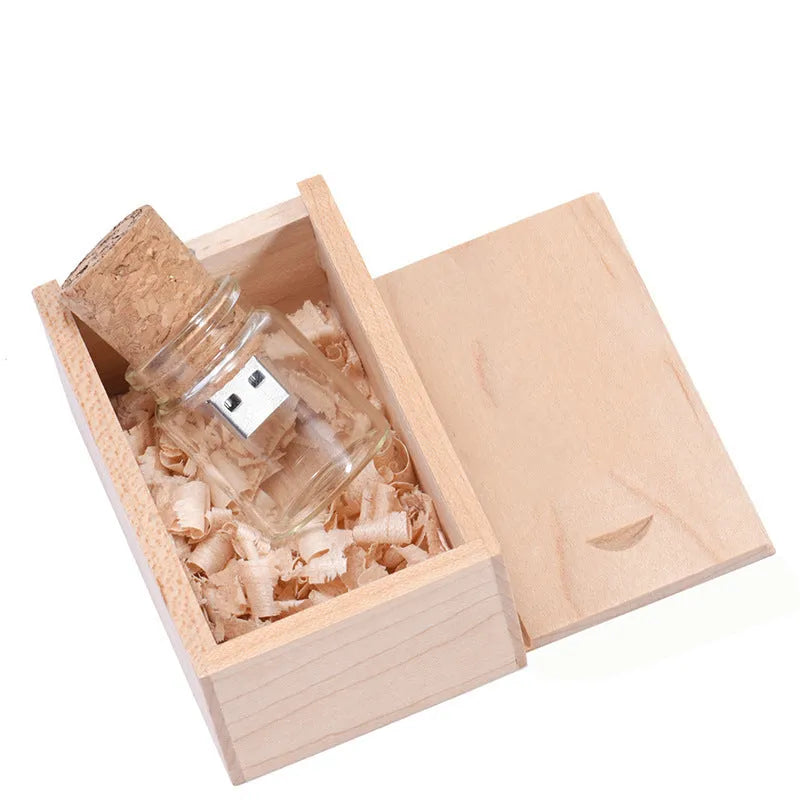 Chocolate brown wooden bottle-shaped USB flash drive with a custom graphic on its surface