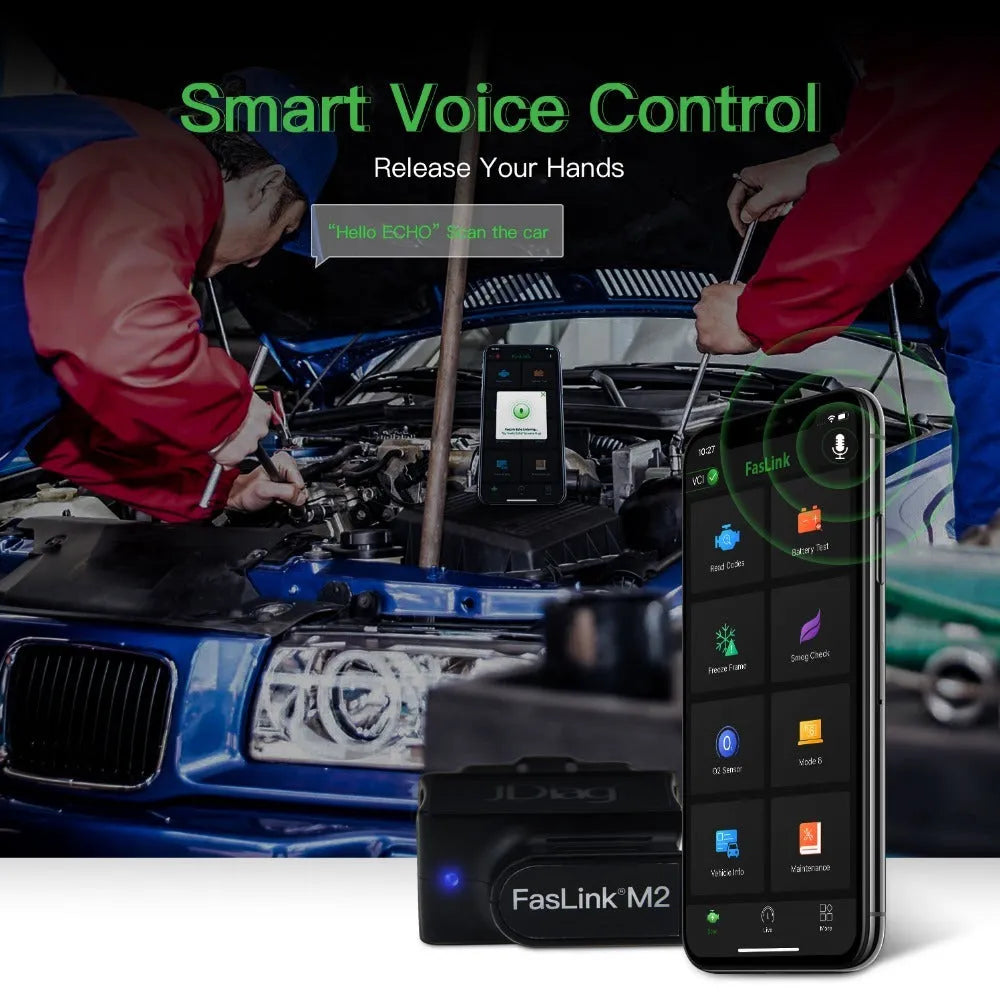 FasLink M2 OBD2 Bluetooth scanner with 16-pin port and non-slip shell for iPhone and Android