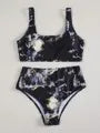 Women's marble tie-dye high waist bikini set with U-neck top and separated swimwear design