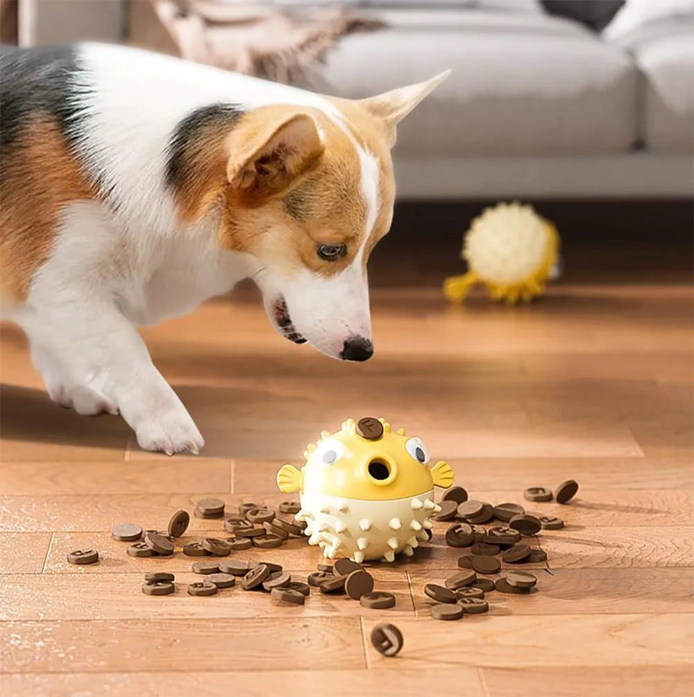 Green fish-shaped dog toy with textured surface for teeth cleaning and treat dispensing