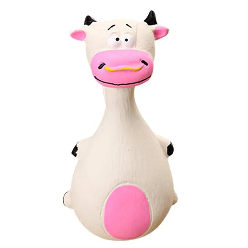 Latex sounding pet toy about 40g in cartoon colours including white dairy cow, purple elephant, brown dog, and black donkey