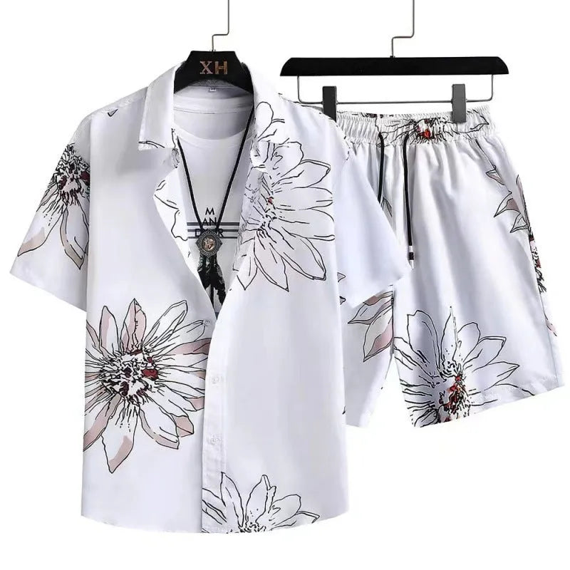 Men's short sleeve cardigan and shorts casual suit set with digital print design in blue.