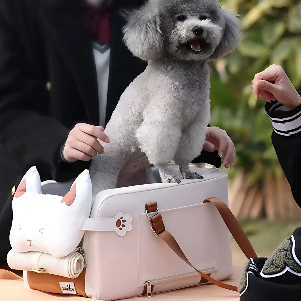Beige hard-sided pet carrier with one shoulder strap measuring 43x25x22.5cm