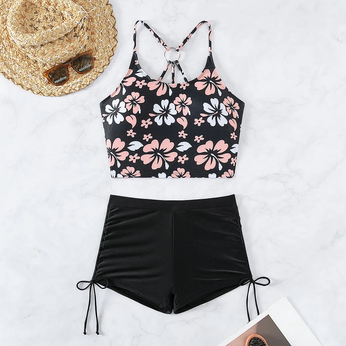 Women's nylon high waist floral backless bikini set in colour FP45BK, sizes S to XL