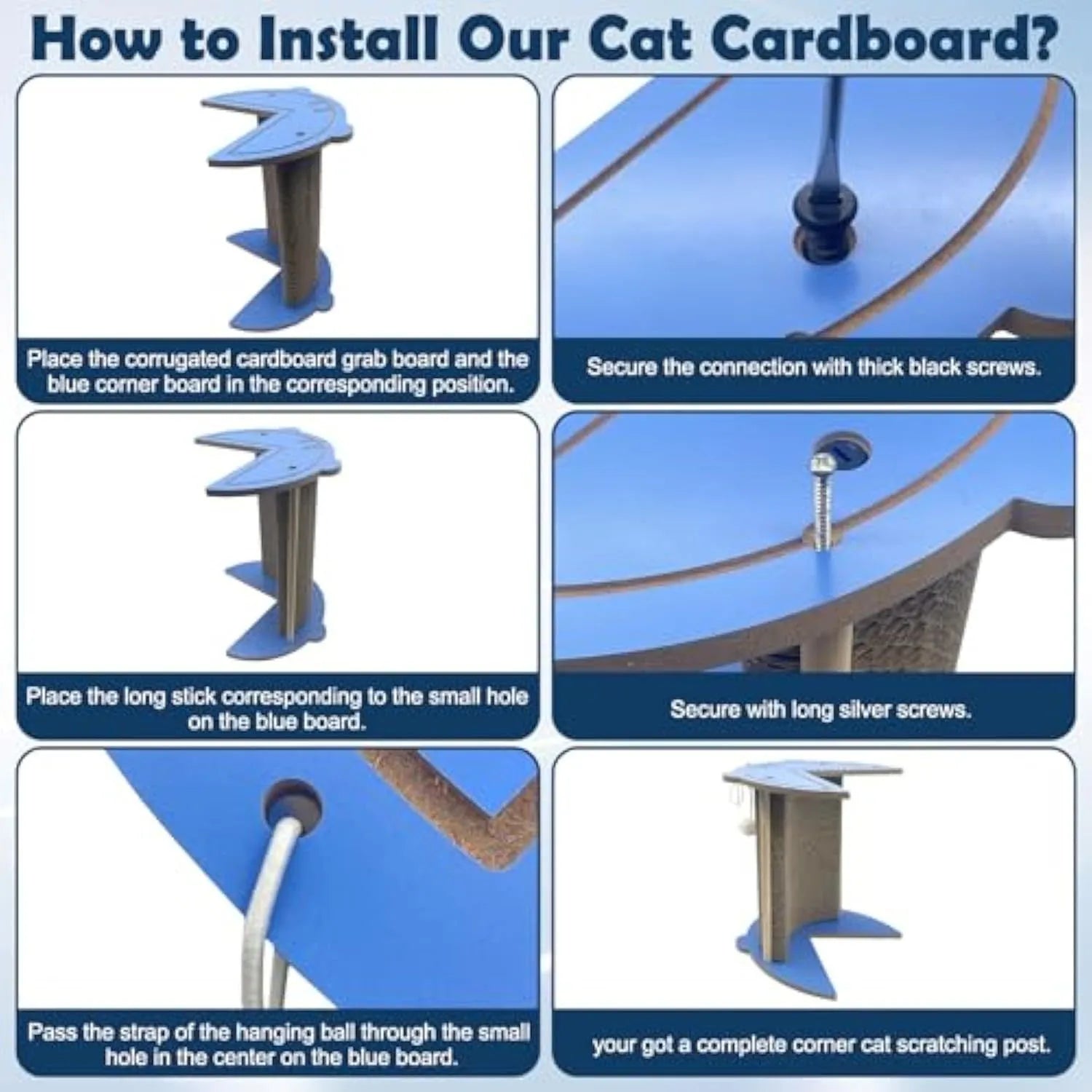 Corner-shaped cardboard cat scratching pad with a hanging ball attached, placed in a room corner.