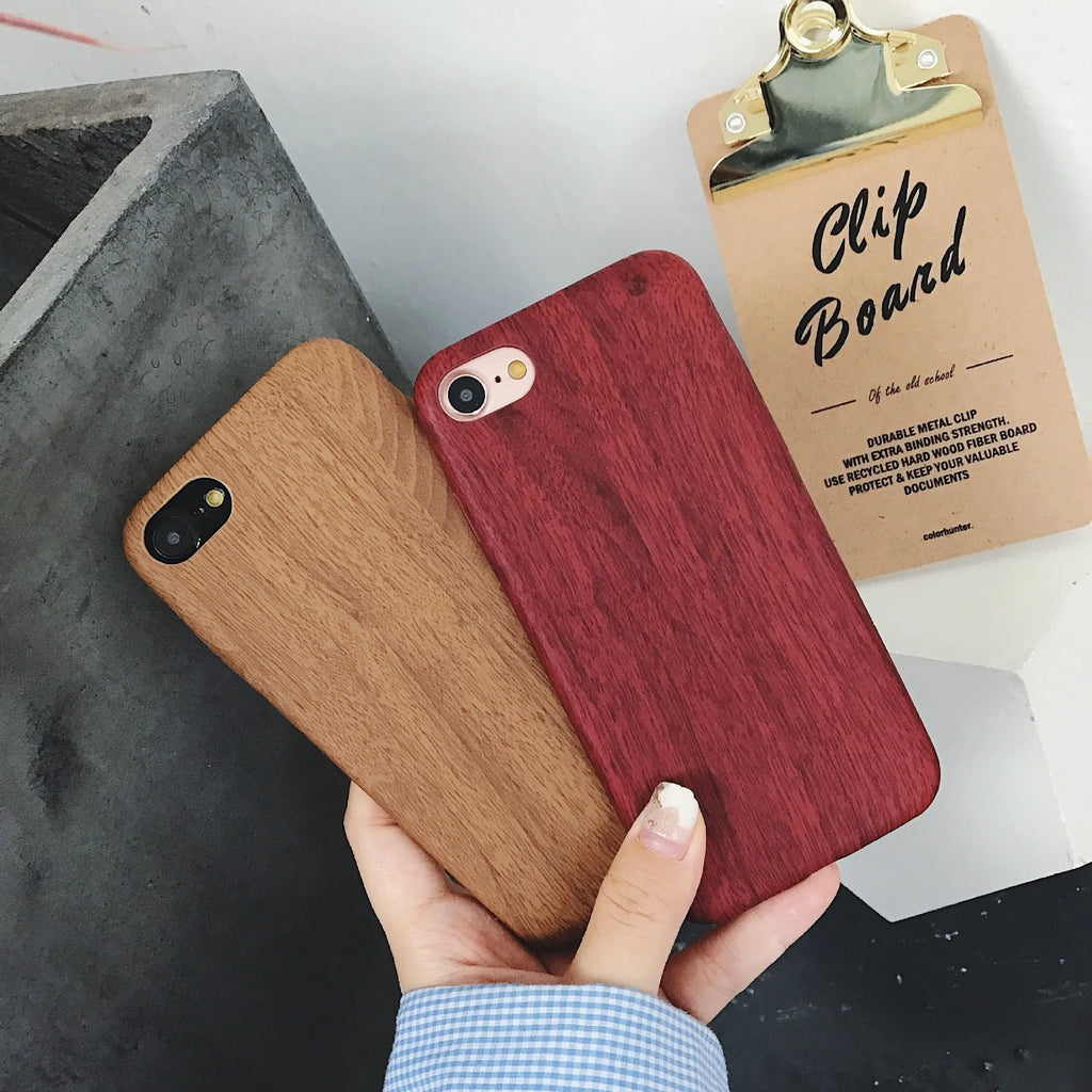 Ultra-thin wood-grain PU leather phone case for iPhone, dark brown, with flexible PC and nonwoven layers