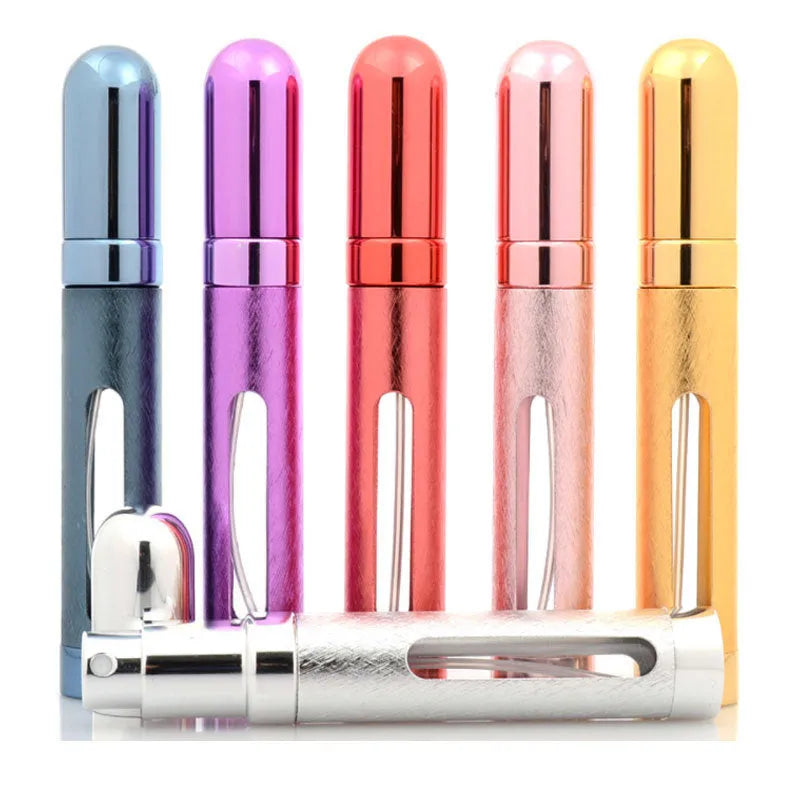 12ml aluminium travel perfume bottle with glass liner in various colours including blue, gold, pink, red, silvery, violet