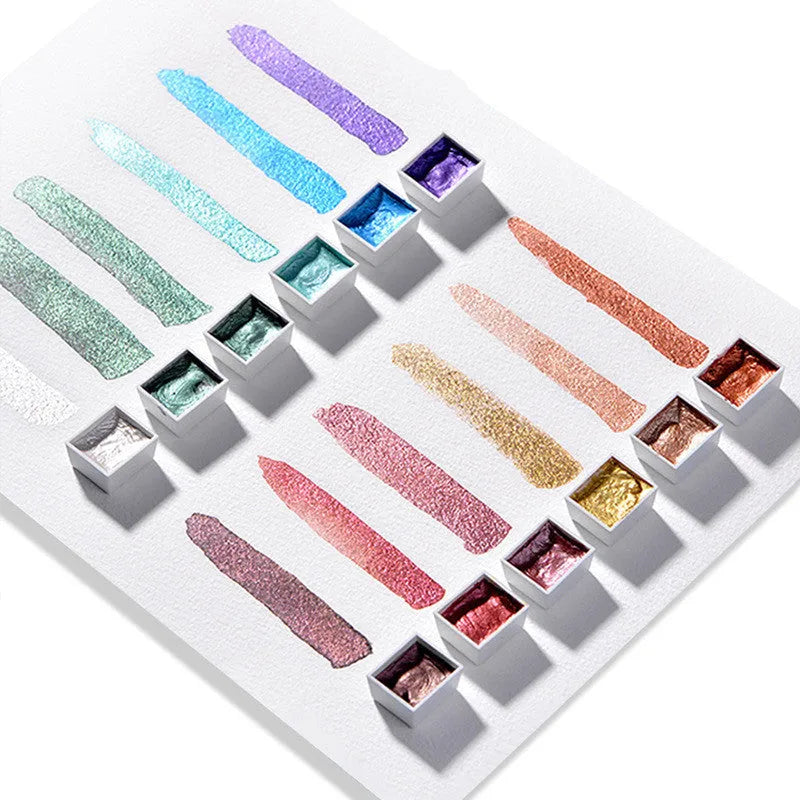 Boxed set of solid pearlescent watercolour pigment blocks in various colours for painting and nail art.