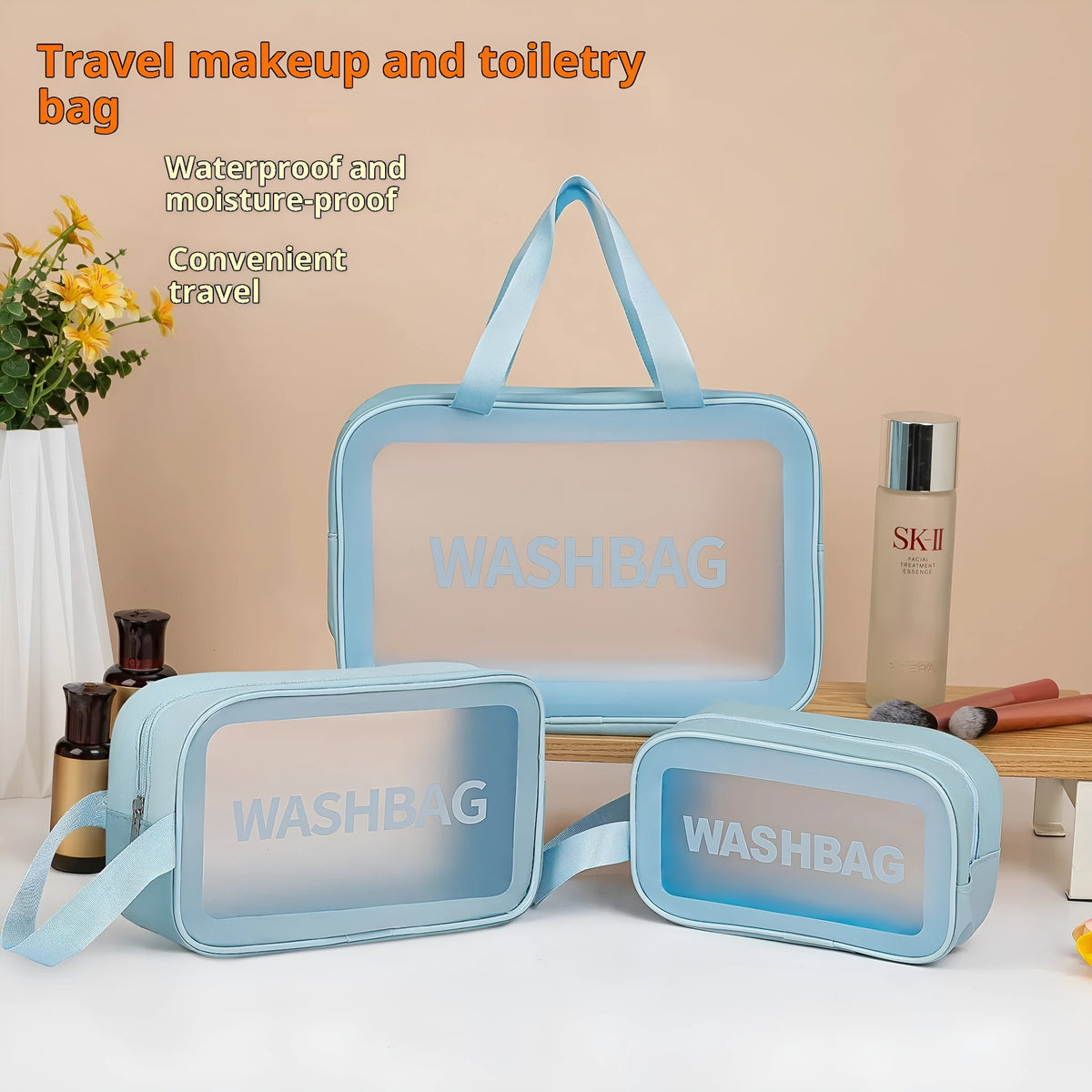 Large PVC transparent cosmetic bag set of three wash bags in beige and black