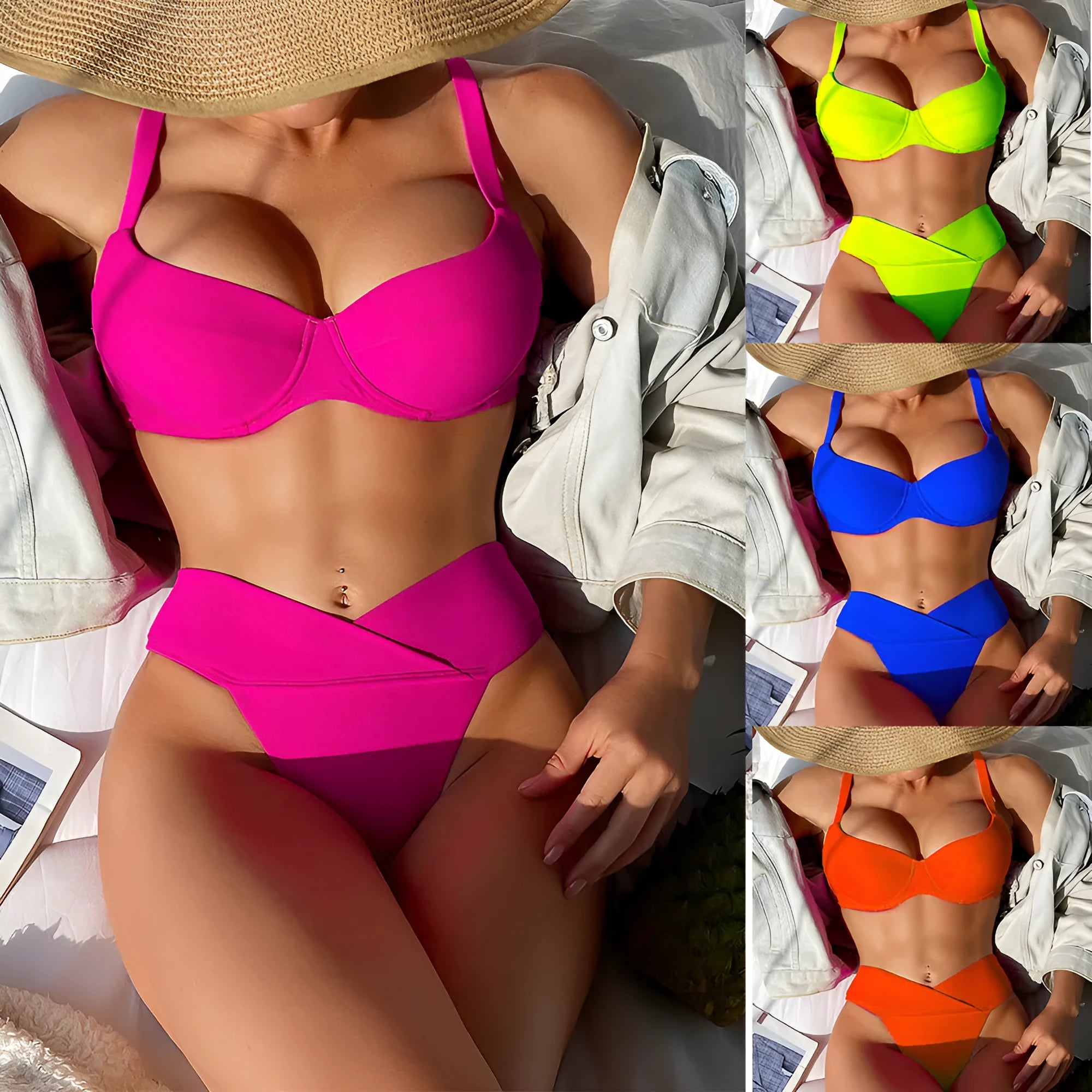 Women's solid colour bikini swimsuit with sleeveless top and briefs bottoms