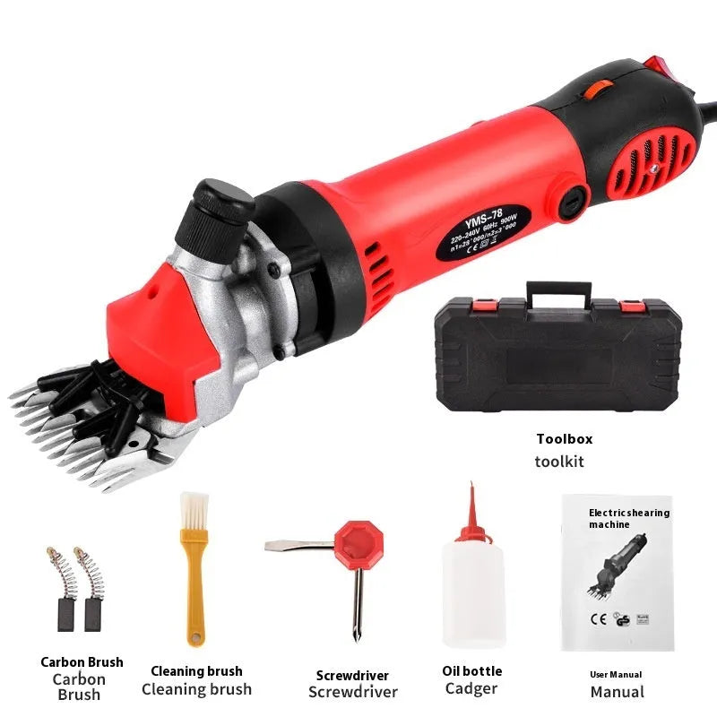 Yellow electric wool shearing machine with blades and tools in a plastic storage case