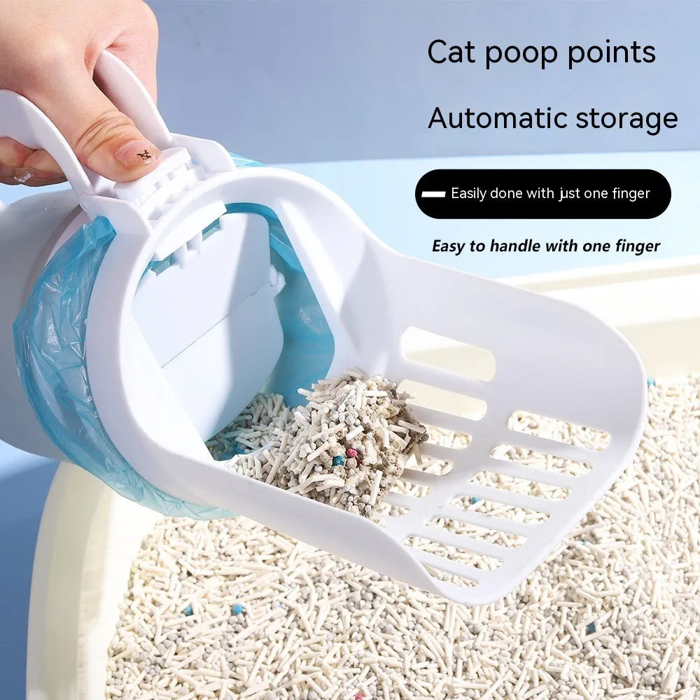 Grey foldable cat litter scoop and bin system with refill bags on a white background.