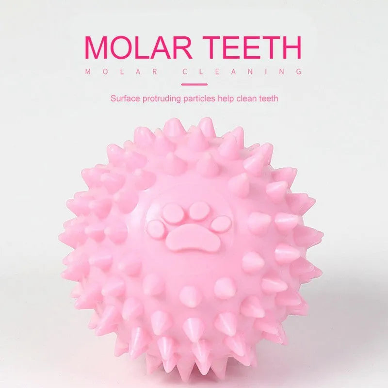 Blue TPR rubber dog toy ball with raised footprint texture for teeth cleaning, 6cm diameter.