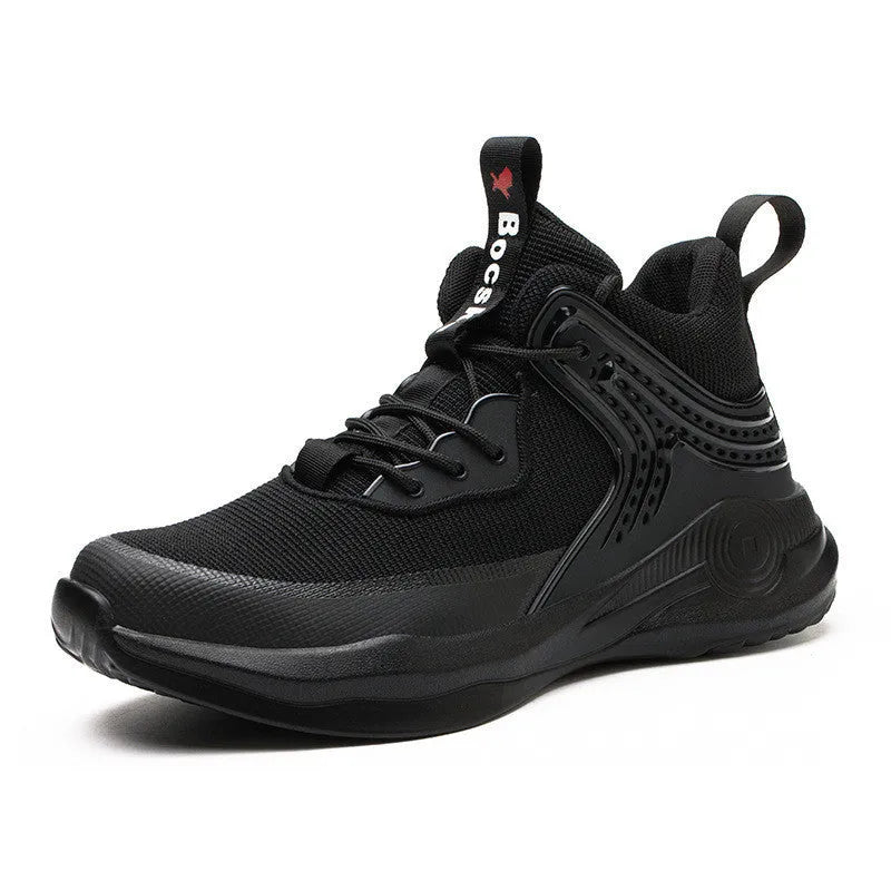Black high-top safety shoes with steel toe, lace-up closure, and breathable mesh upper