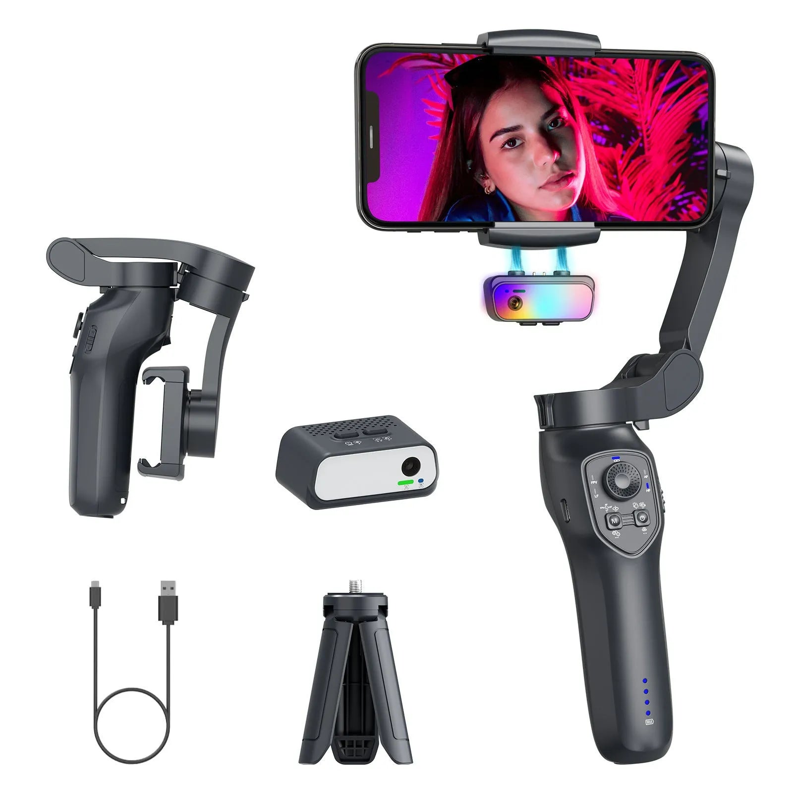 Foldable handheld camera stabilizer in L7Cpro gun colour with USB charging port.