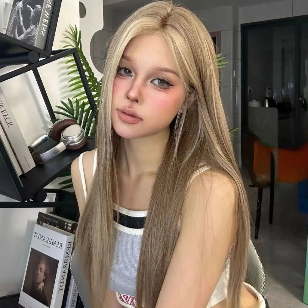 Forehead lace wig in golden brown gradient colour with centre parting, on a mannequin, full head design for ladies