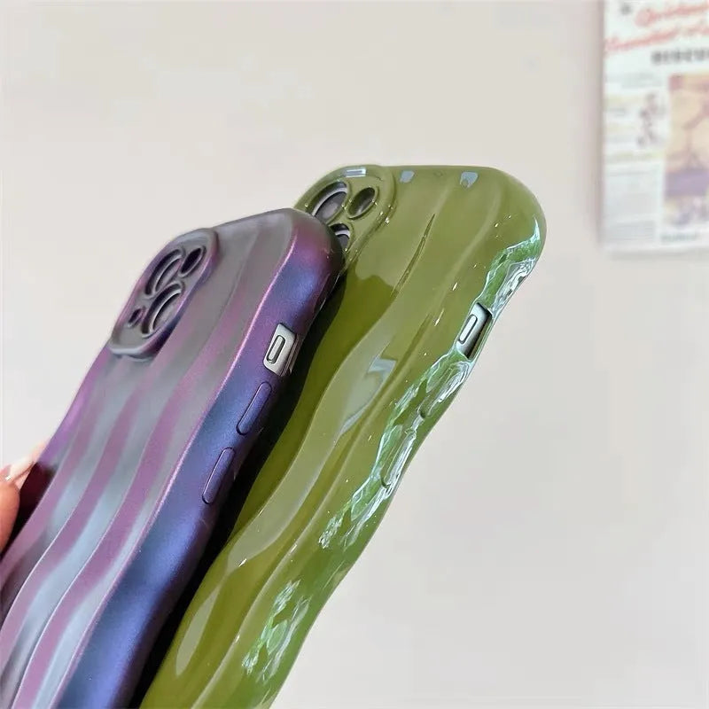 Silicone iPhone 17 case with water ripple pattern in beige, burgundy, green, silver, or purple colour