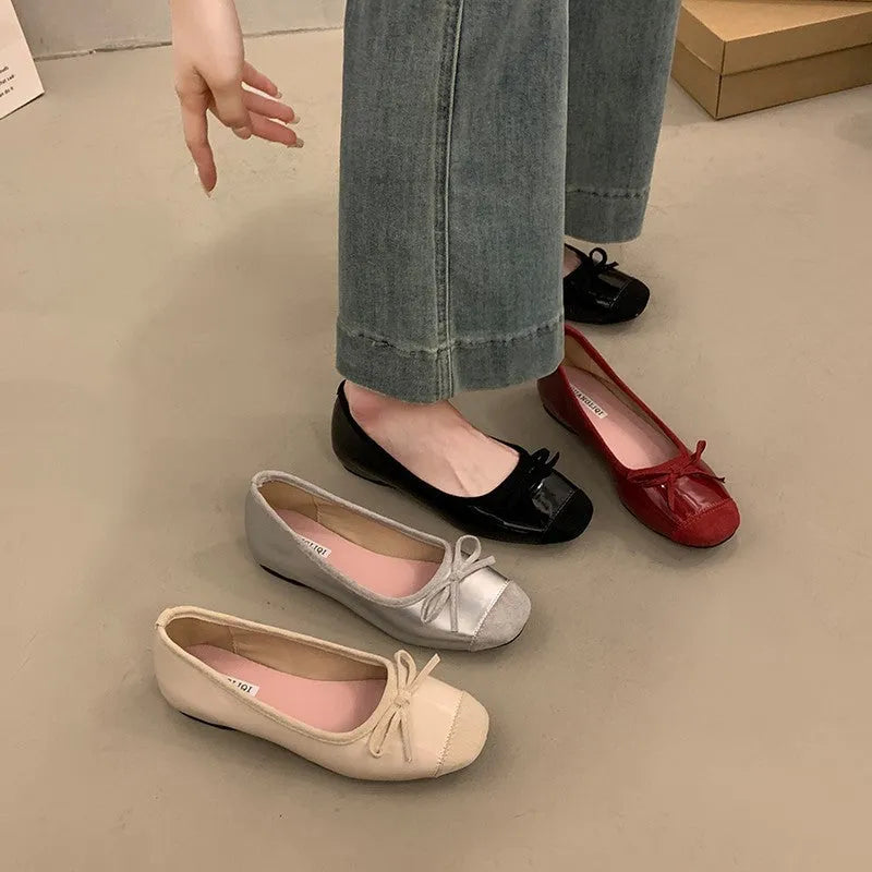 Women's retro Mary Jane ballet flats in apricot colour with square toe and bow detail.