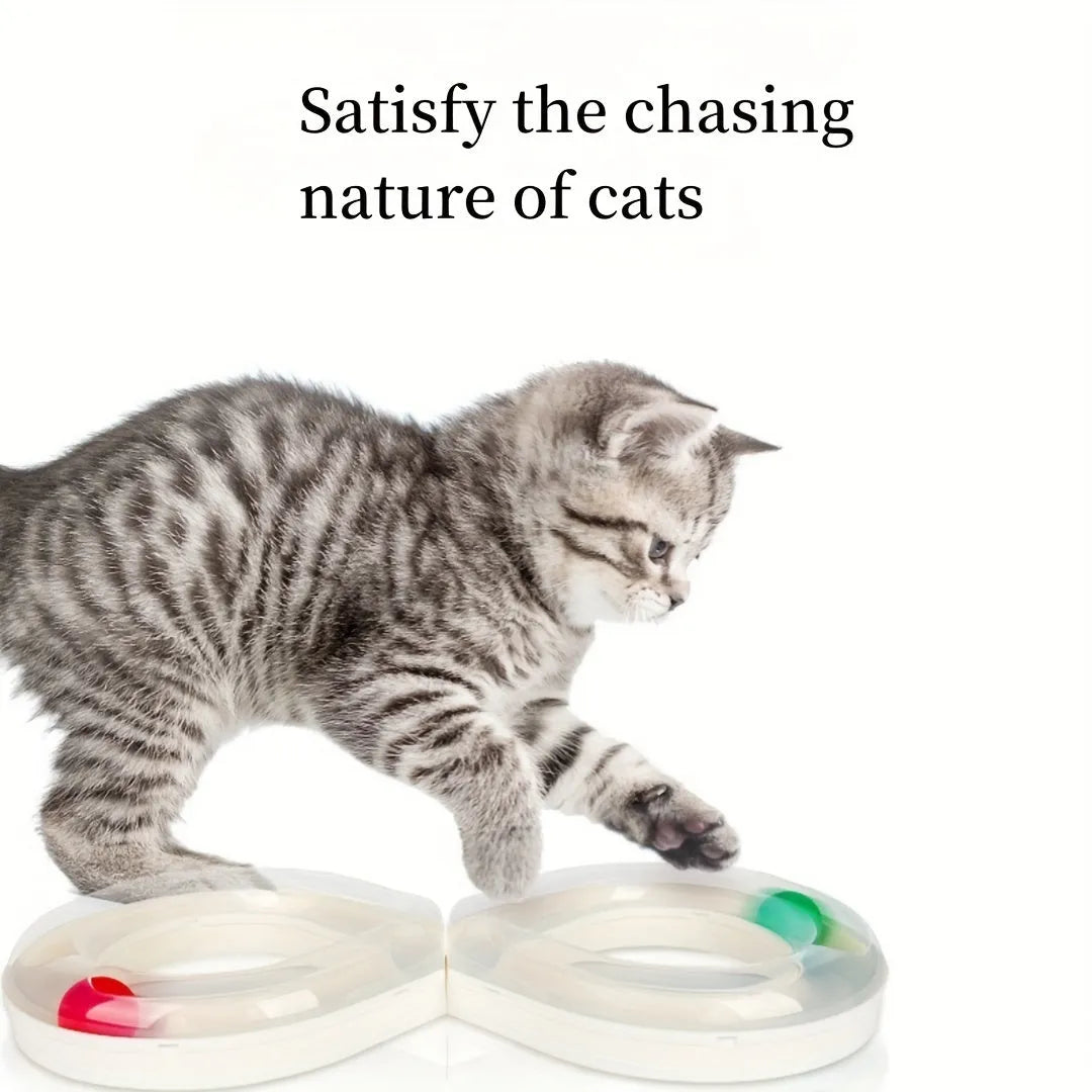 Blue and white cat track toy with turntable ball mechanism and teasing stick attachment