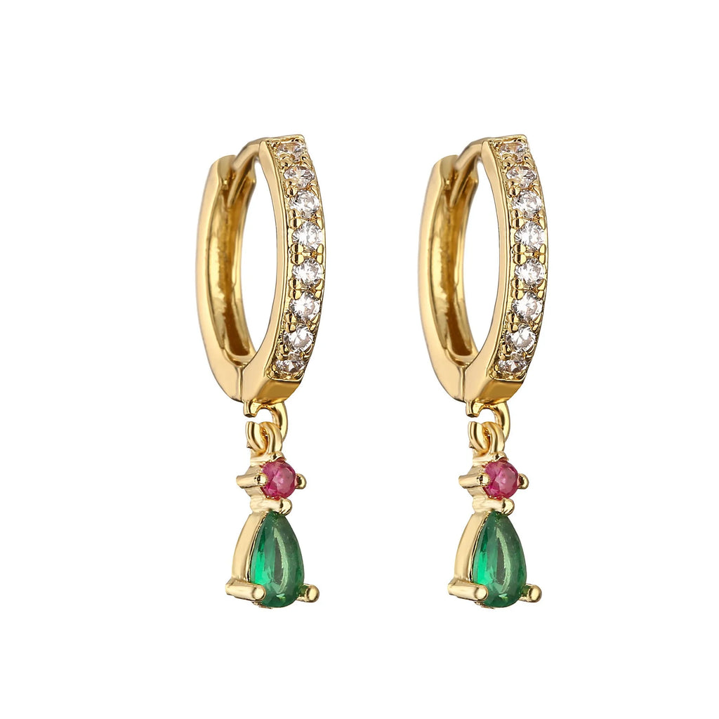 Women's geometric copper earrings with micro-inlaid colourful crystals in water drop shape, gold-plated finish