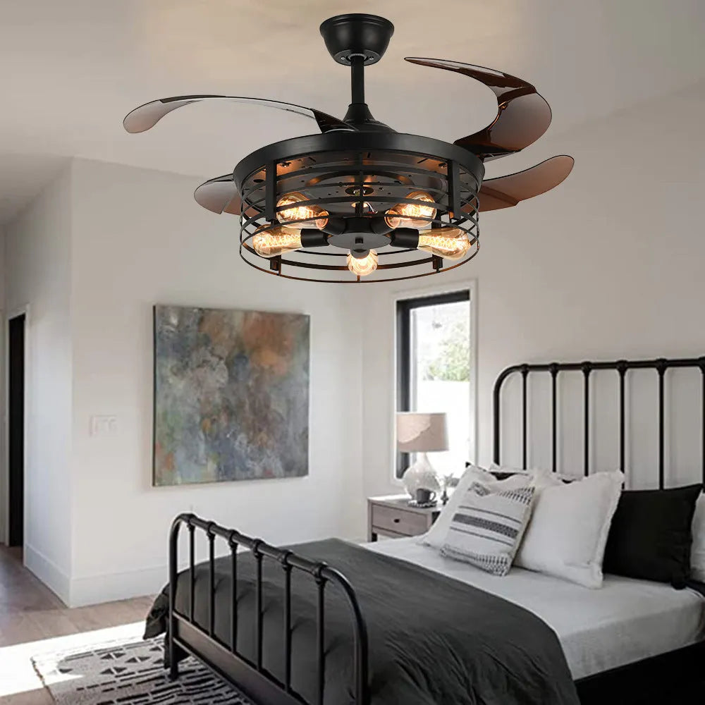 Industrial retro ceiling fan lamp with acrylic blades and integrated light fixture