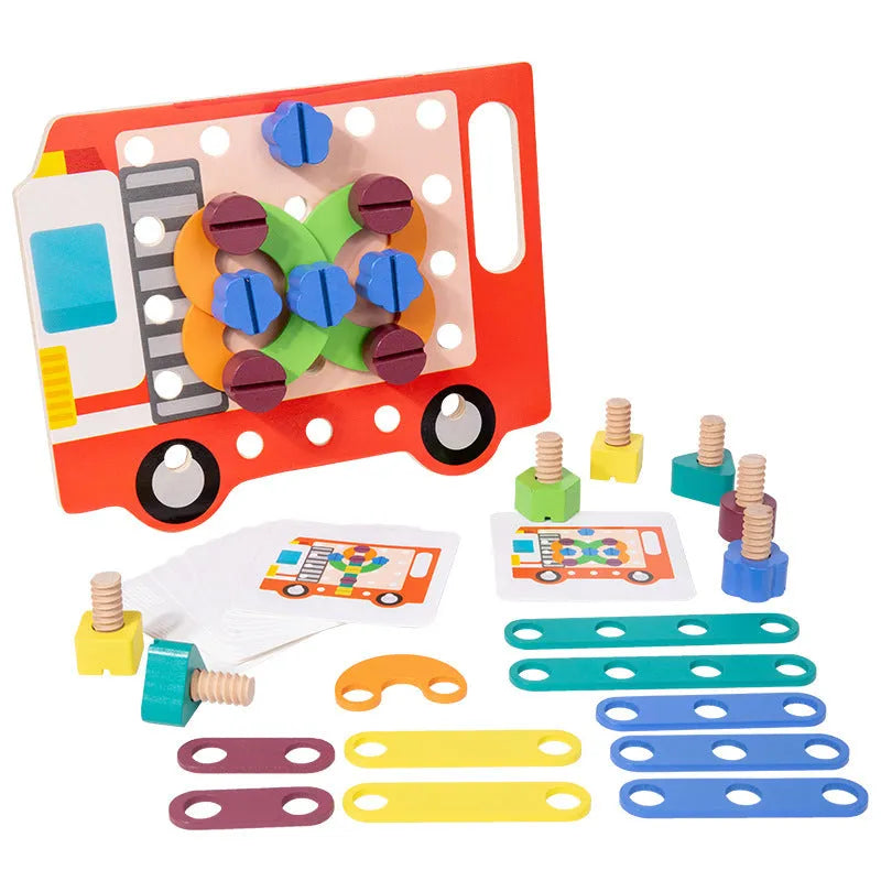 Children wooden twist screws changeable shape matching puzzle with colourful pieces on a white background